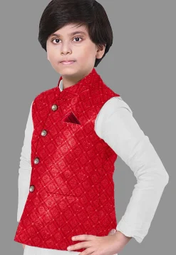 Embroidered Dupion Silk Kurta Set in Off White