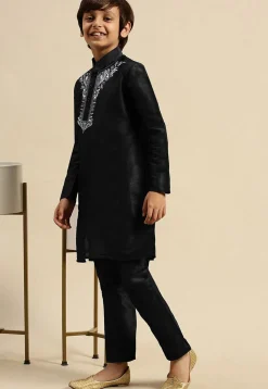 Embroidered Dupion Silk Kurta in Black