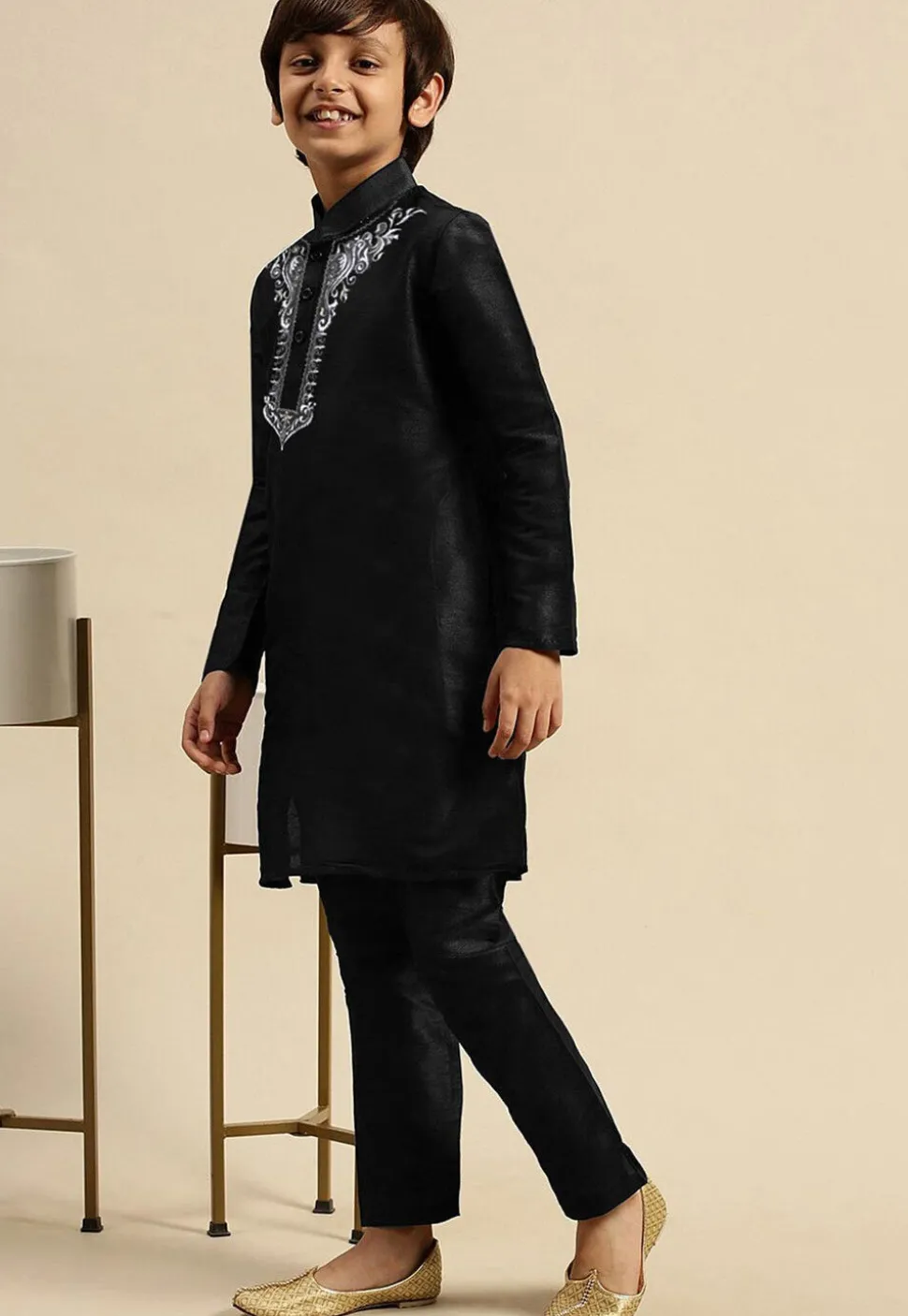 Embroidered Dupion Silk Kurta in Black