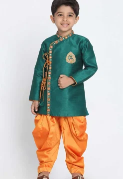 Embroidered Dupion Silk Kurta Set in Teal Green