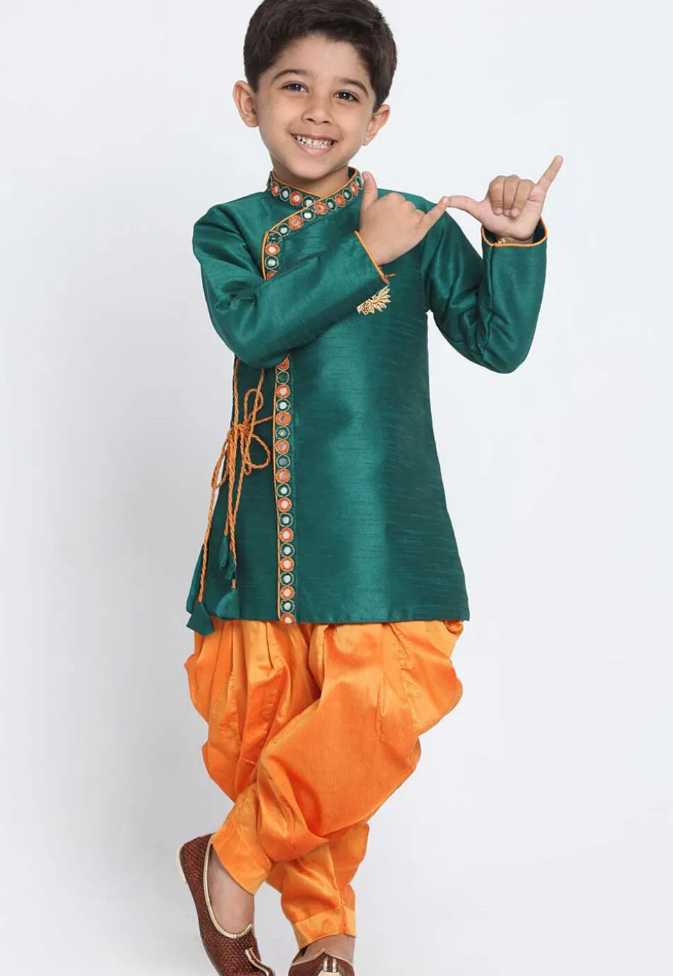 Embroidered Dupion Silk Kurta Set in Teal Green