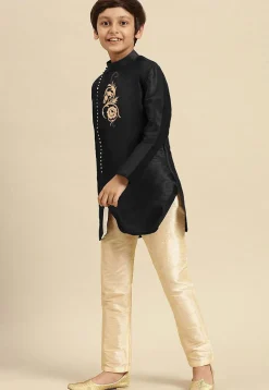 Embroidered Dupion Silk Kurta in Black