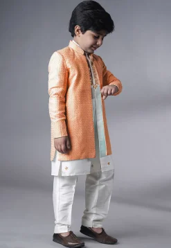 Embroidered Dupion Silk Kurta Set in Off White and Peach