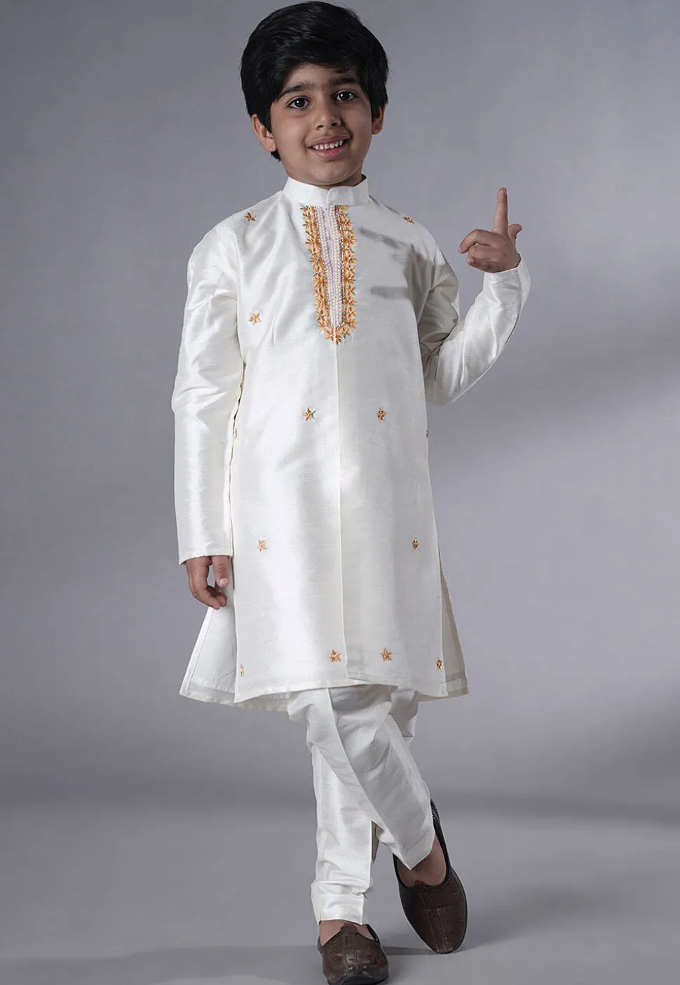 Embroidered Dupion Silk Kurta Set in Off White and Peach