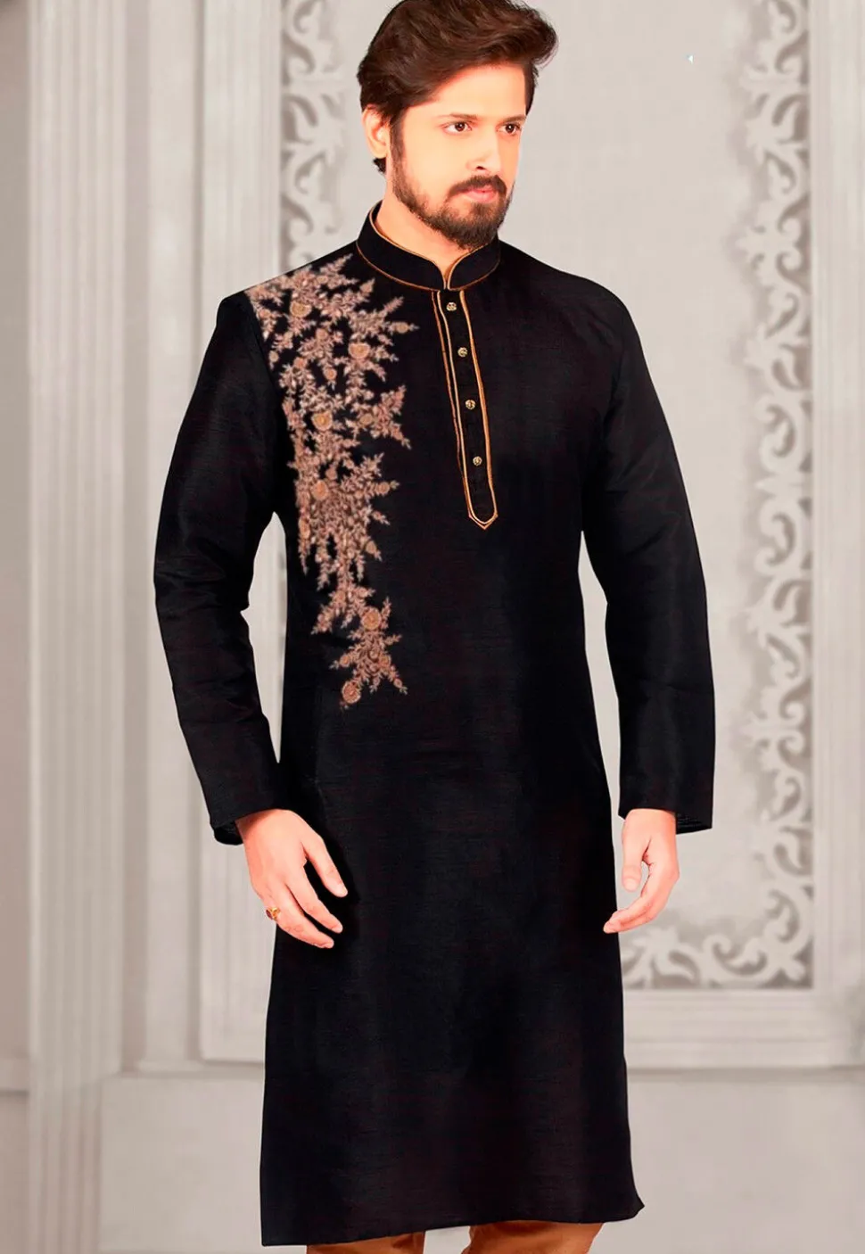 Embroidered Dupion Silk Kurta in Black