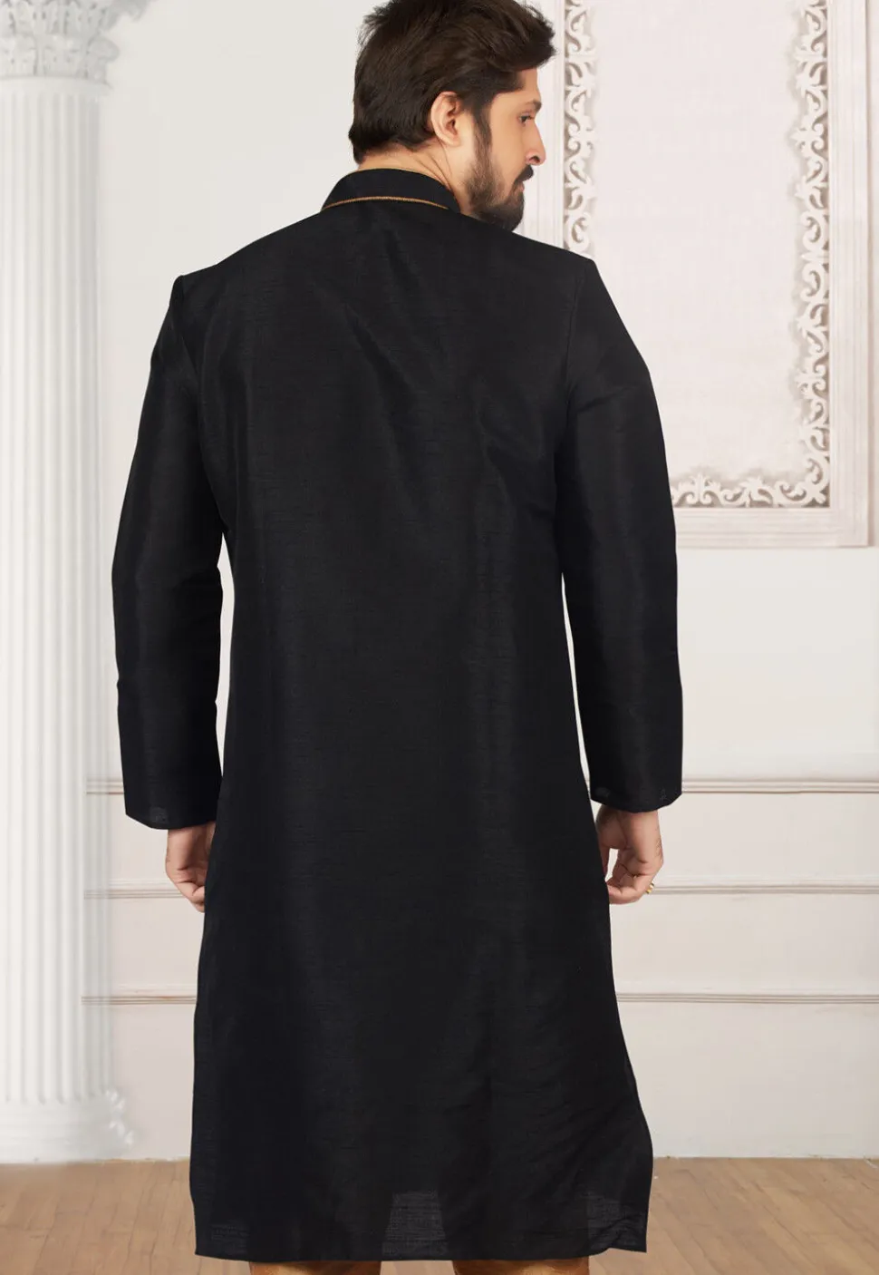 Embroidered Dupion Silk Kurta in Black