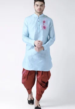 Embroidered Dupion Silk Kurta Set in Light Blue