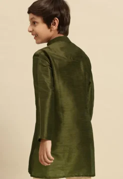 Embroidered Dupion Silk Kurta in Olive Green