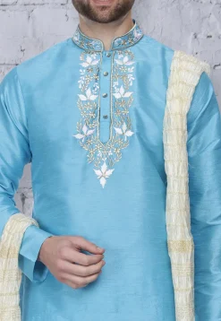 Embroidered Dupion Silk Kurta Set in Light Blue