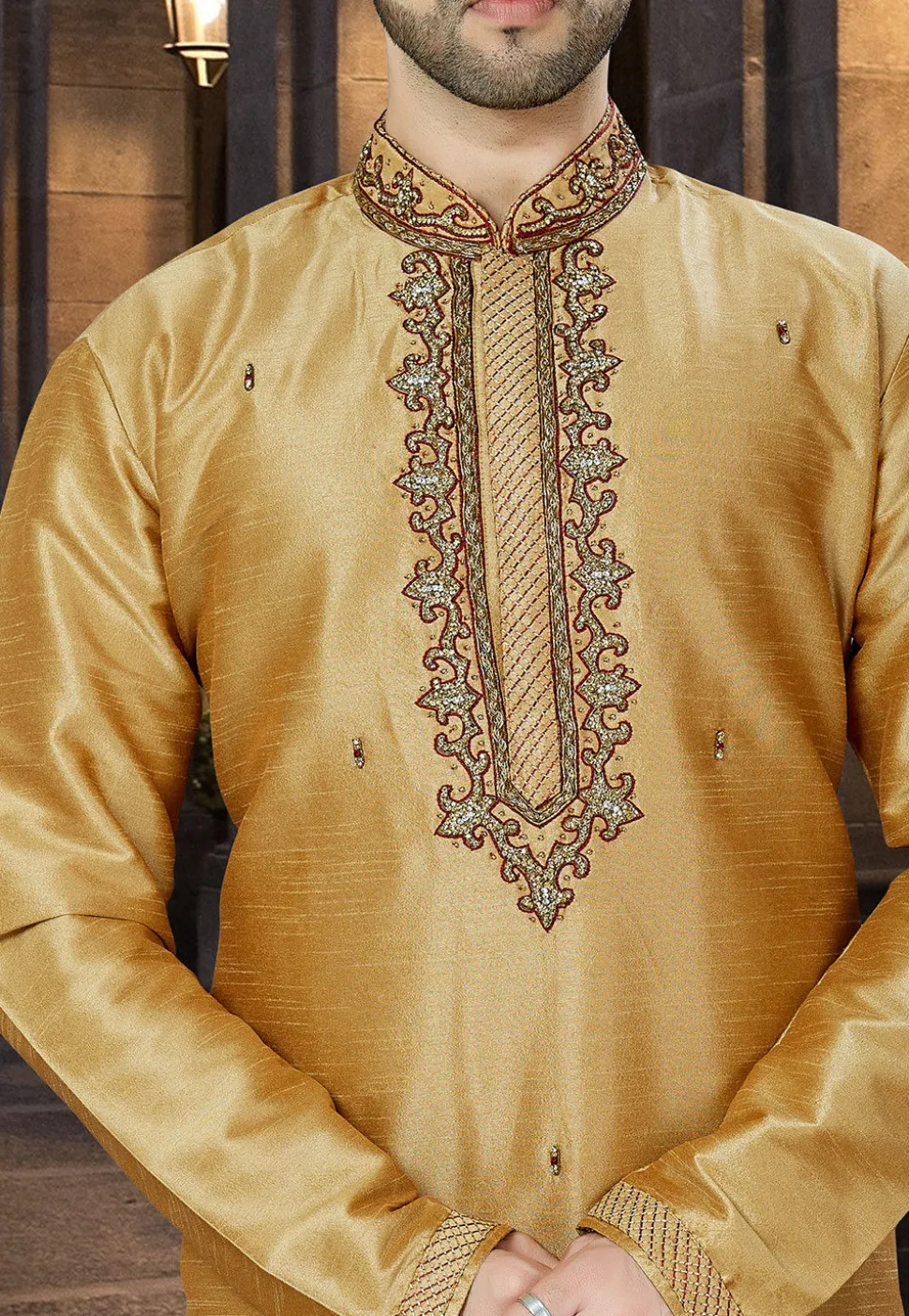 Embroidered Dupion Silk Kurta Pajama in Beige