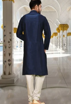 Embroidered Dupion Silk Kurta Set in Dark Navy Blue and White