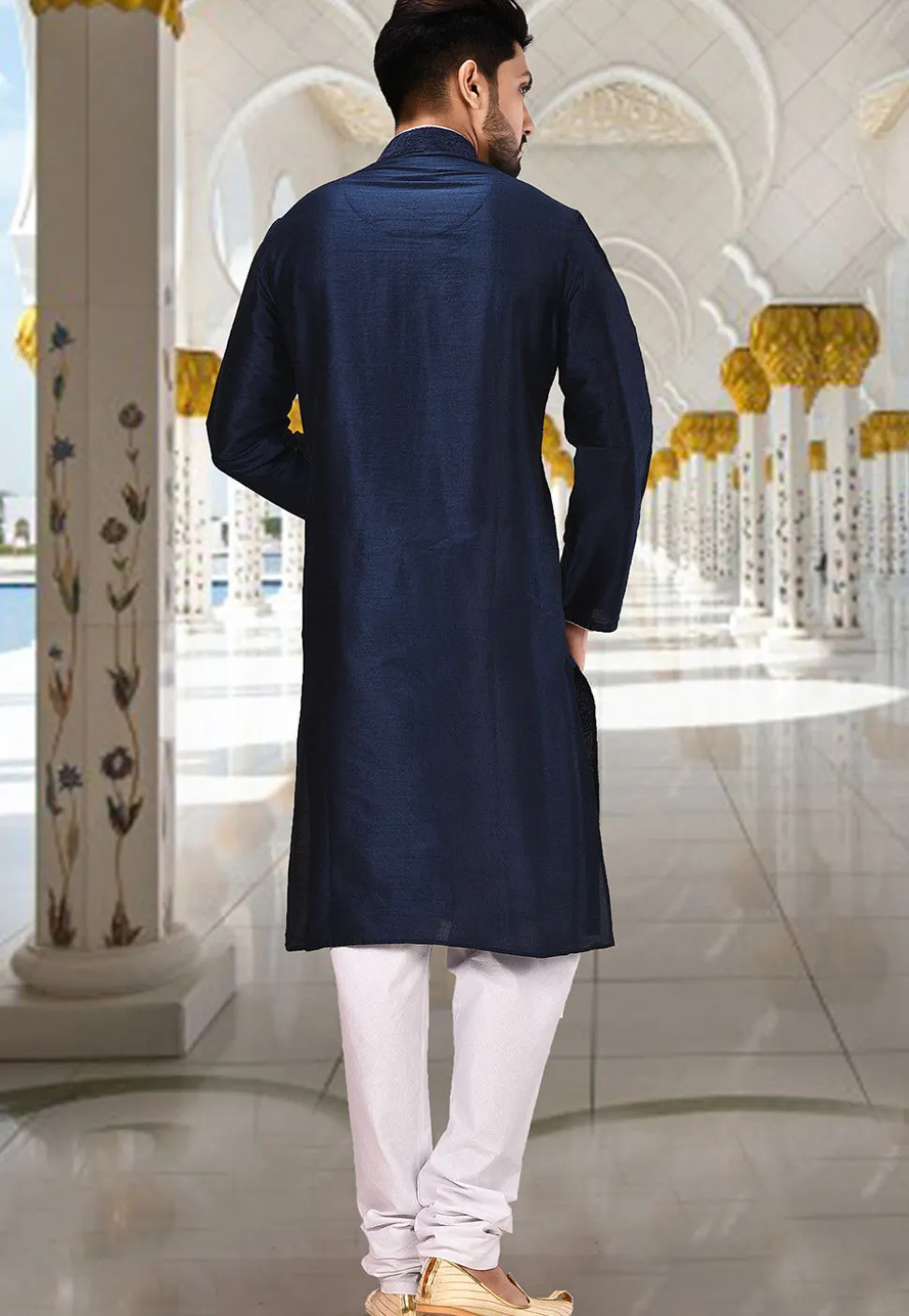 Embroidered Dupion Silk Kurta Set in Dark Navy Blue and White