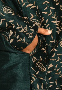 Embroidered Dupion Silk Kurta in Dark Green