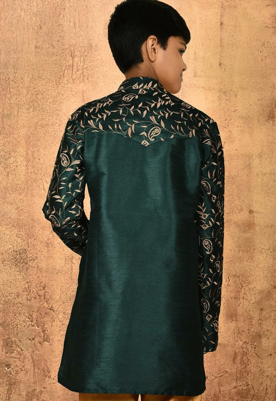 Embroidered Dupion Silk Kurta in Dark Green