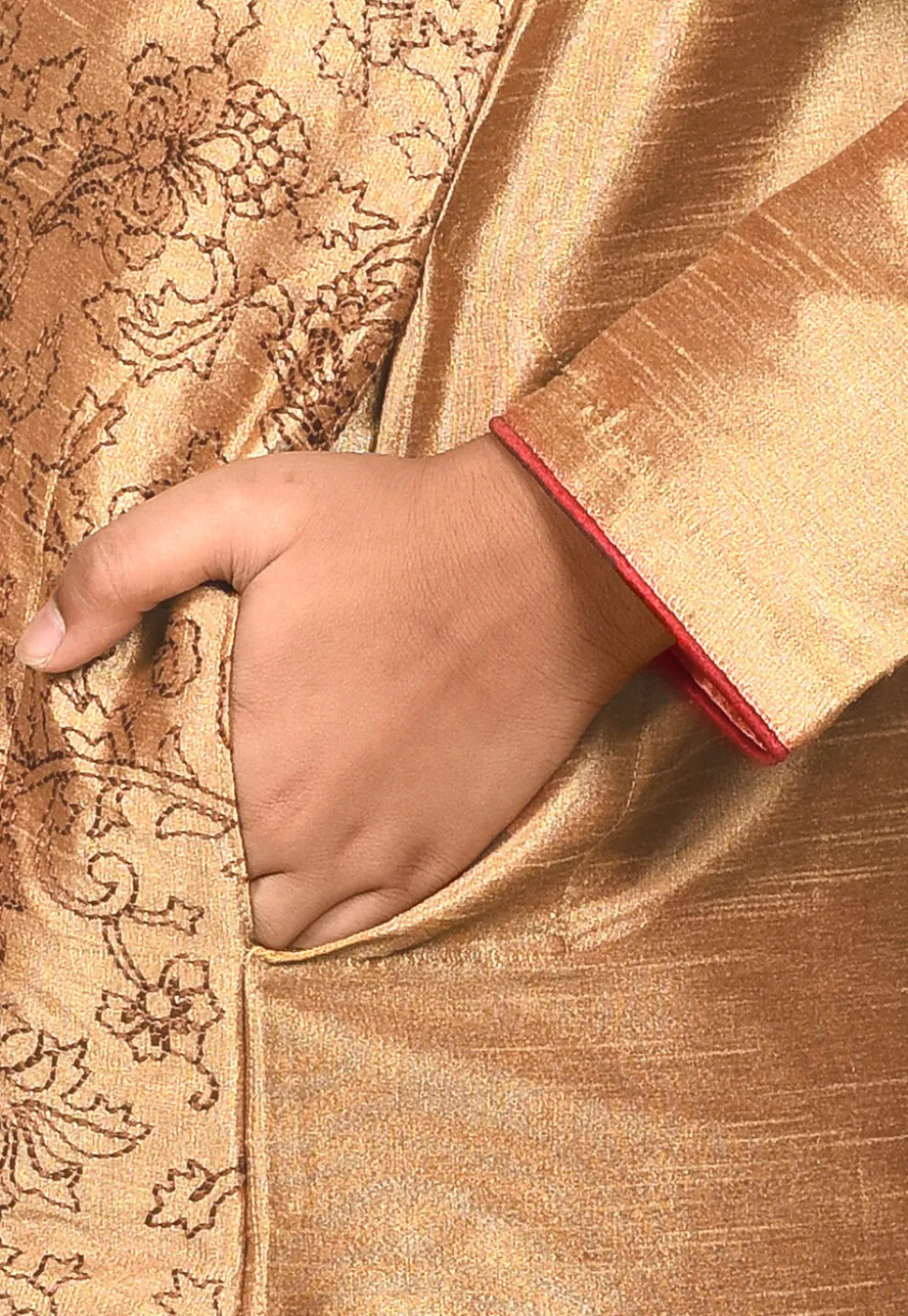 Embroidered Dupion Silk Kurta Set in Dark Beige