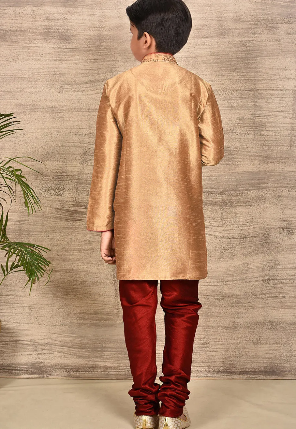 Embroidered Dupion Silk Kurta Set in Dark Beige