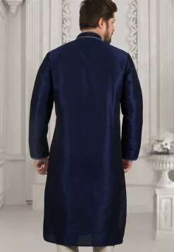 Embroidered Dupion Silk Kurta Set in Navy Blue