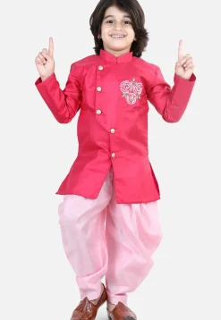 Embroidered Dupion Silk Kurta Set in Pink