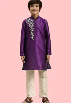 Embroidered Dupion Silk Kurta Set in Purple
