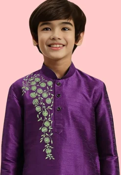 Embroidered Dupion Silk Kurta Set in Purple