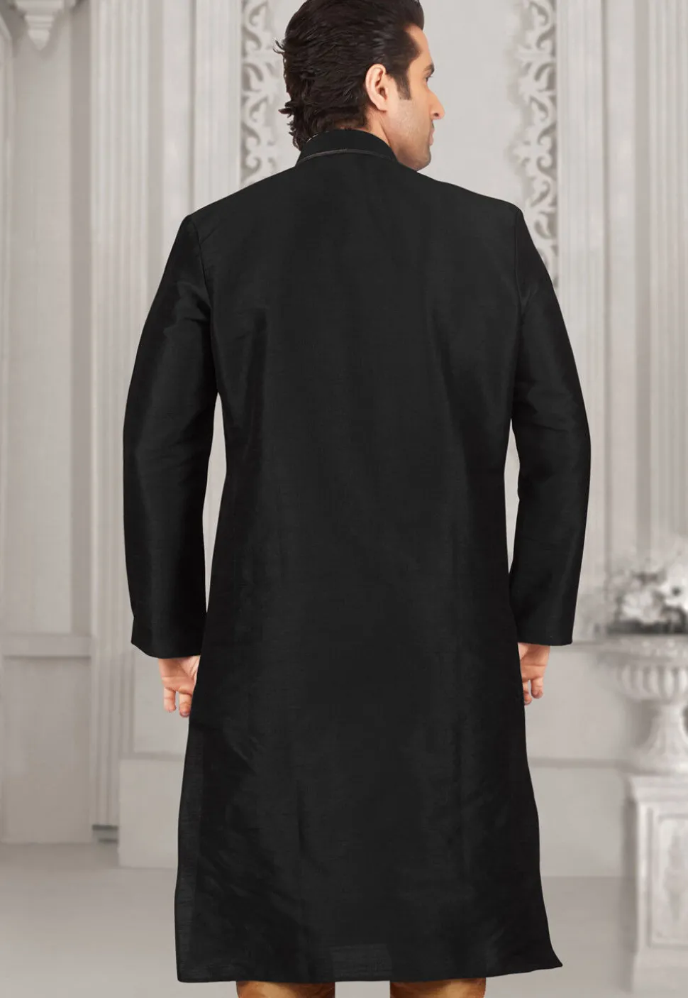 Embroidered Dupion Silk Kurta in Black
