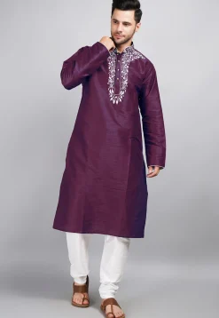 Embroidered Dupion Silk Kurta Set in Violet