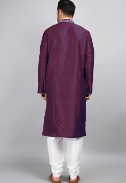 Embroidered Dupion Silk Kurta Set in Violet