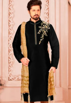 Embroidered Dupion Silk Kurta in Black
