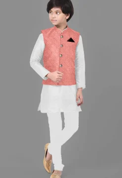 Embroidered Dupion Silk Kurta Set in Off White and Dark Peach