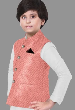 Embroidered Dupion Silk Kurta Set in Off White and Dark Peach