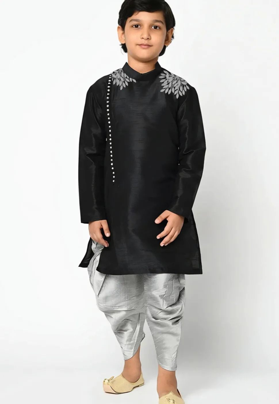 Embroidered Dupion Silk Kurta Set in Black