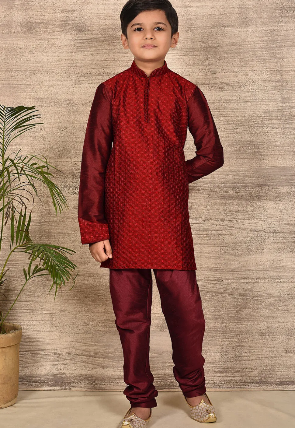 Embroidered Dupion Silk Kurta Set in Maroon