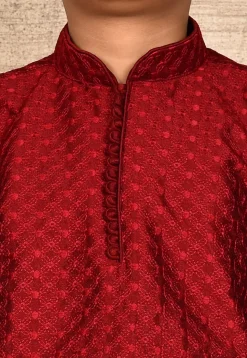 Embroidered Dupion Silk Kurta Set in Maroon