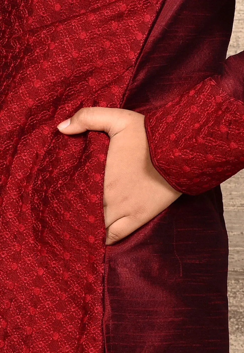 Embroidered Dupion Silk Kurta Set in Maroon
