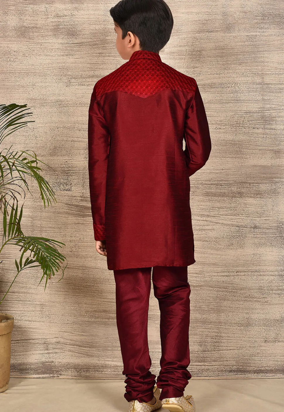 Embroidered Dupion Silk Kurta Set in Maroon