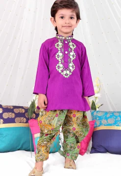 Embroidered Dupion Silk Kurta Set in Purple