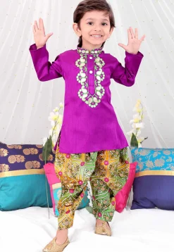 Embroidered Dupion Silk Kurta Set in Purple