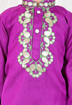Embroidered Dupion Silk Kurta Set in Purple