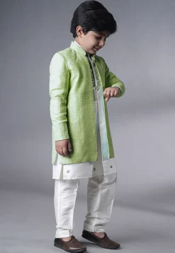 Embroidered Dupion Silk Kurta Set in Off White and Olive Green