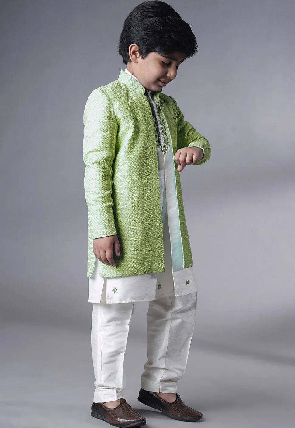 Embroidered Dupion Silk Kurta Set in Off White and Olive Green