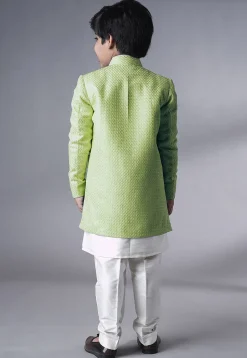Embroidered Dupion Silk Kurta Set in Off White and Olive Green