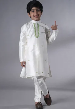 Embroidered Dupion Silk Kurta Set in Off White and Olive Green