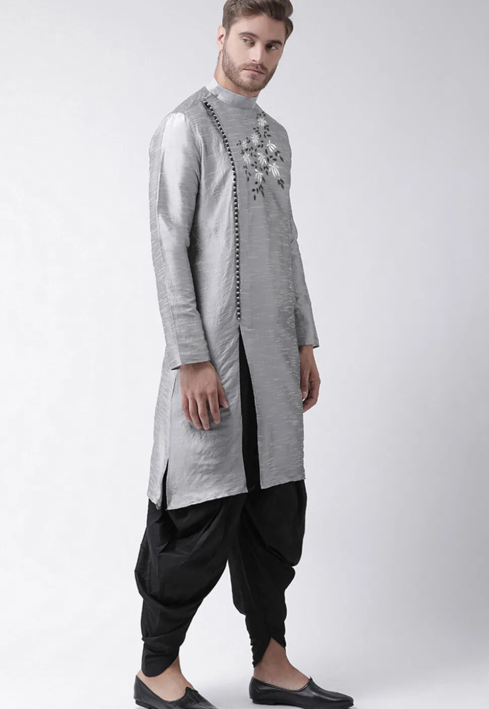 Embroidered Dupion Silk Kurta Set in Light Grey