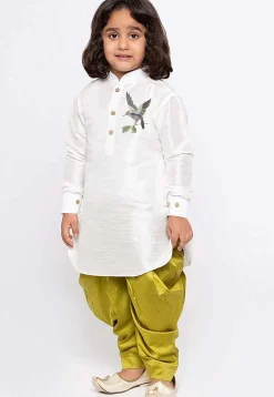 Embroidered Dupion Silk Kurta Set in White