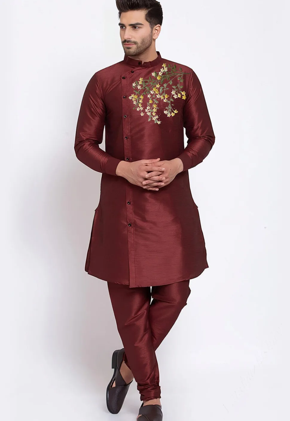 Embroidered Dupion Silk Kurta Set in Maroon
