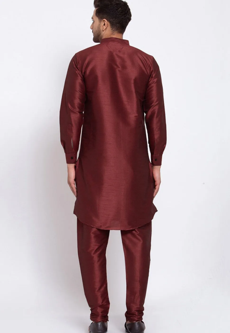 Embroidered Dupion Silk Kurta Set in Maroon