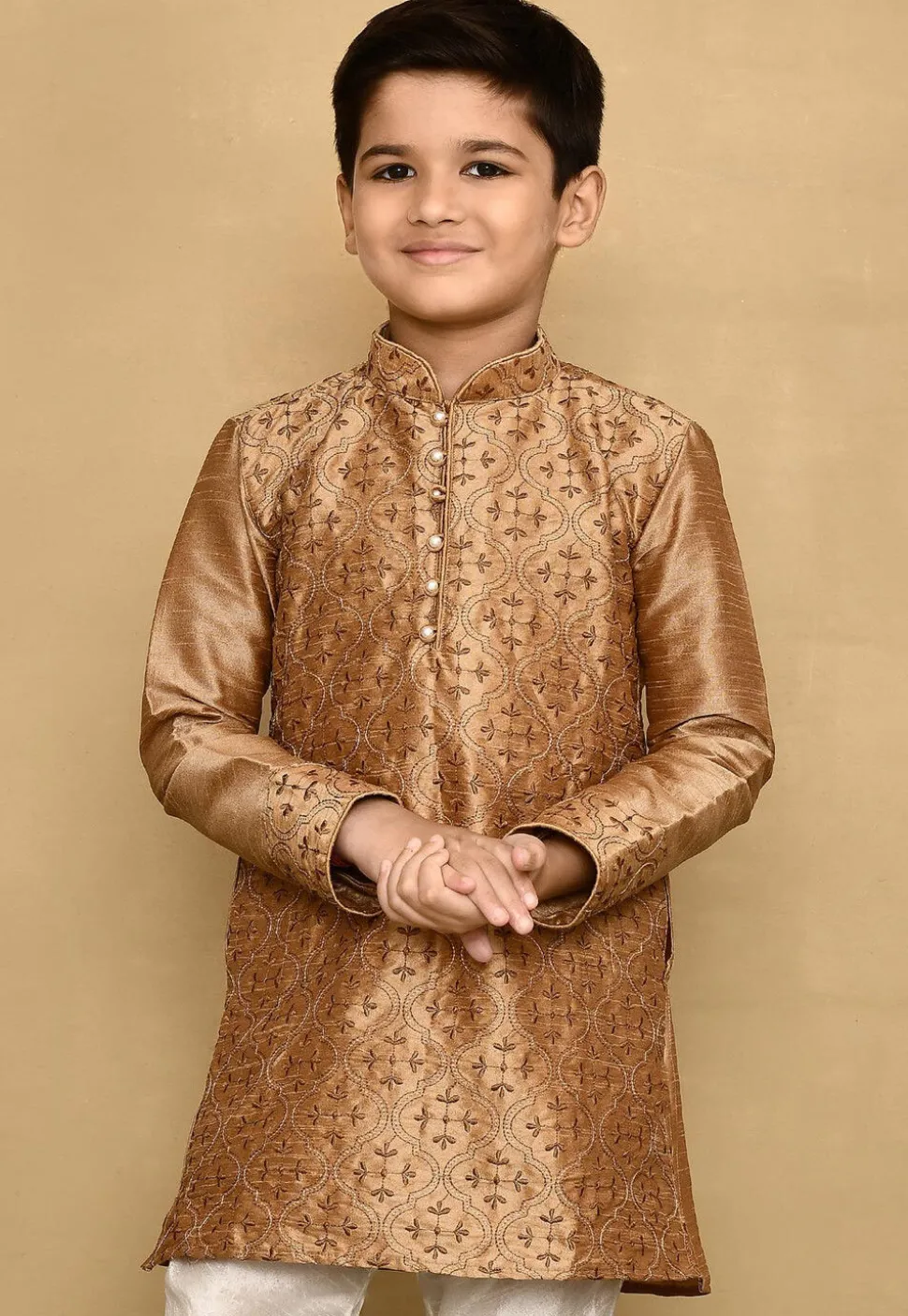 Embroidered Dupion Silk Kurta in Dark Beige