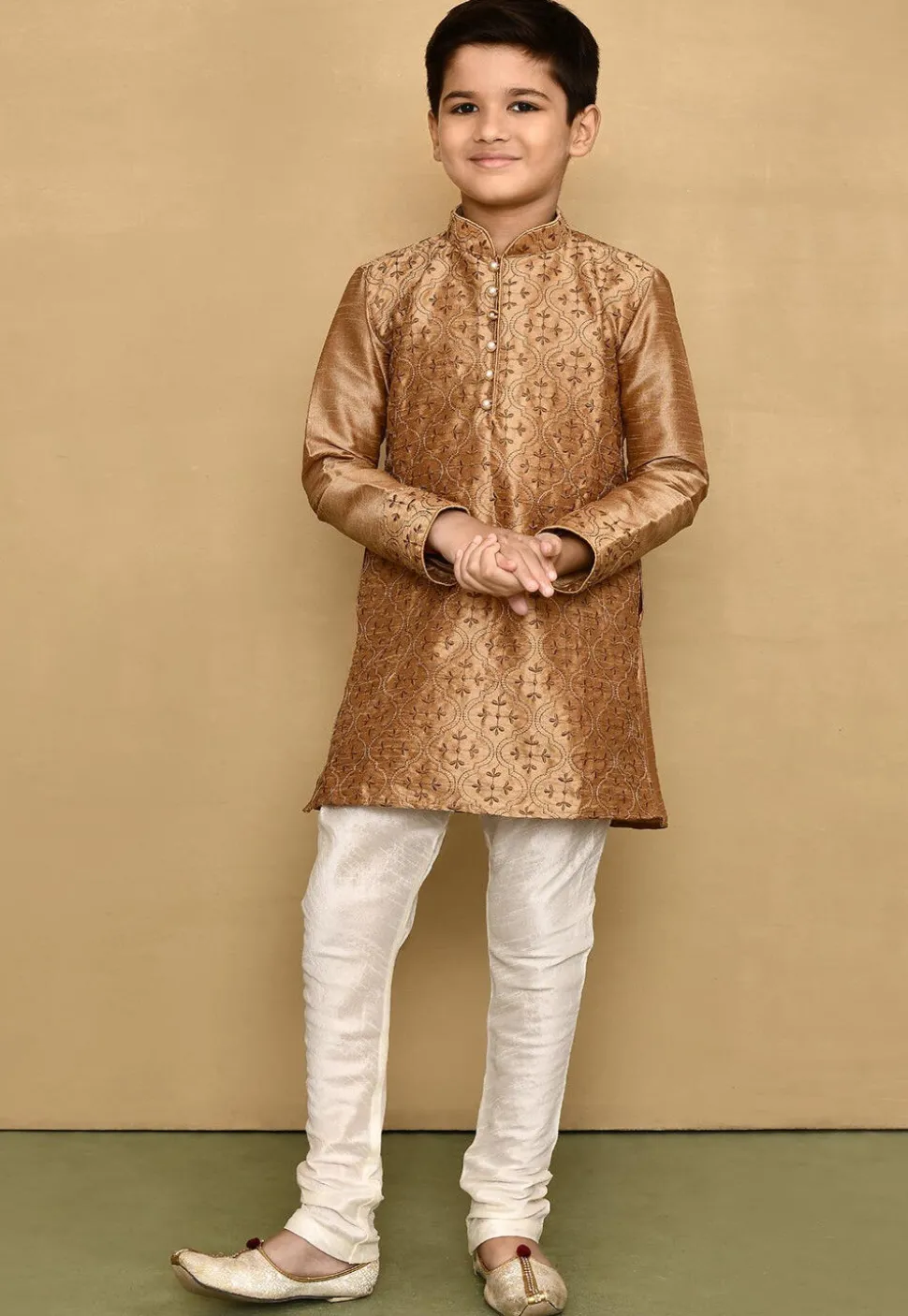 Embroidered Dupion Silk Kurta in Dark Beige