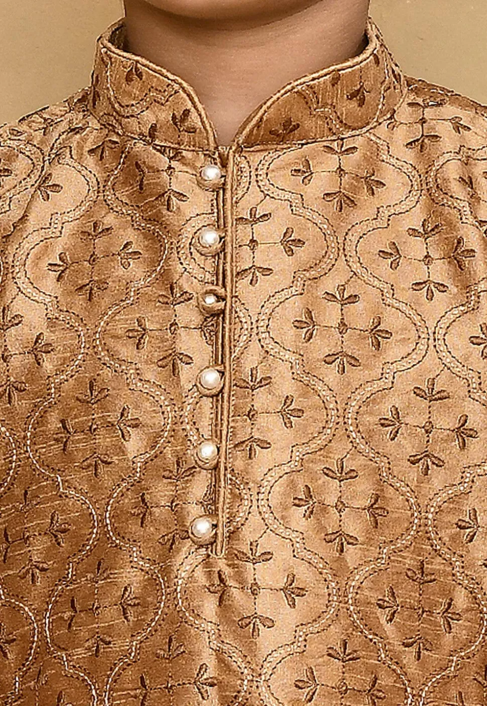 Embroidered Dupion Silk Kurta in Dark Beige