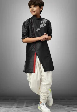 Embroidered Dupion Silk Kurta Set in Black